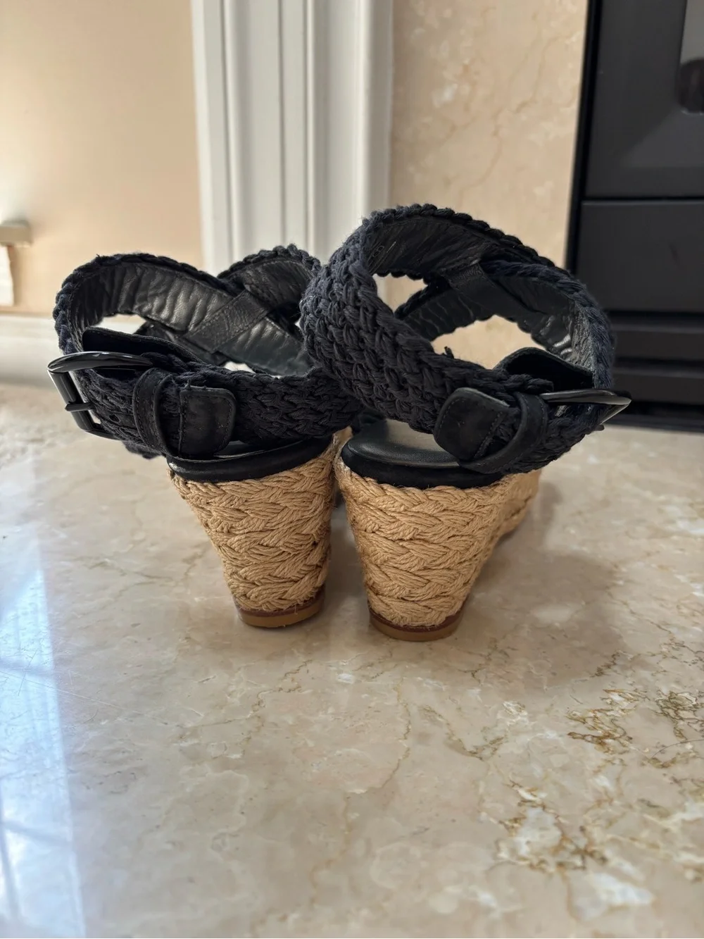 Stuart Weitzman Alexlo Crochet Black Wedge Ankle Wrap Espadrille Sandals, Size 8